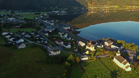 aerial over the waterfront of syvde, vanylven municipality, norway