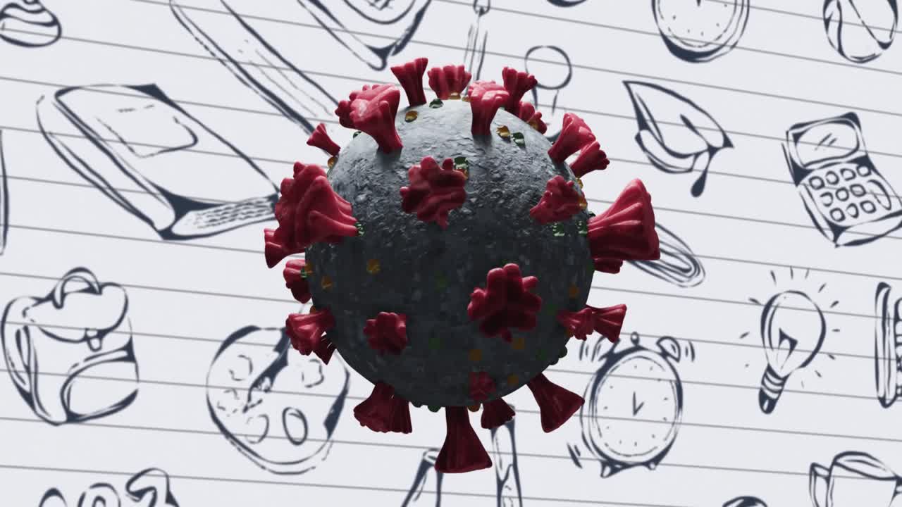 학교 개념에 대한 코로나19 세포 아이콘은  ⁇  줄로 된 종이에 있습니다.