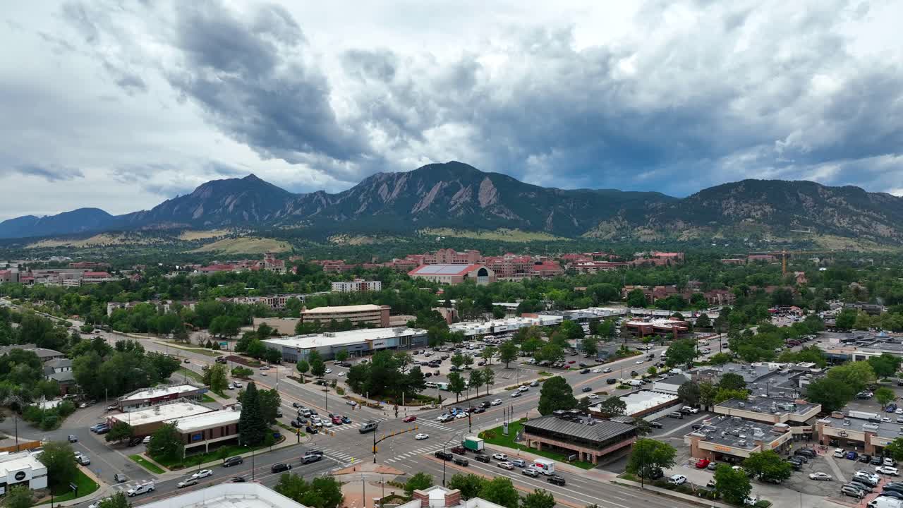 Aerial View of Boulder, Colorado with Flatirons Mountains in the Background