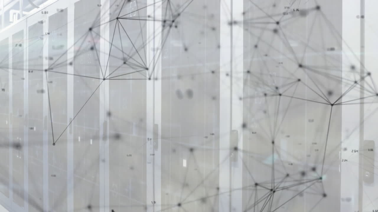 Network of connections and data processing animation over server room background