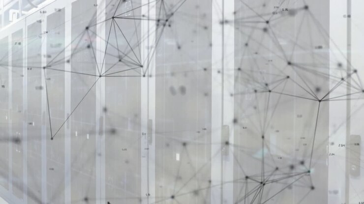Network of connections and data processing animation over server room background