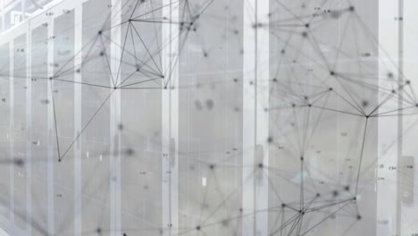 network of connections and data processing animation over server room background