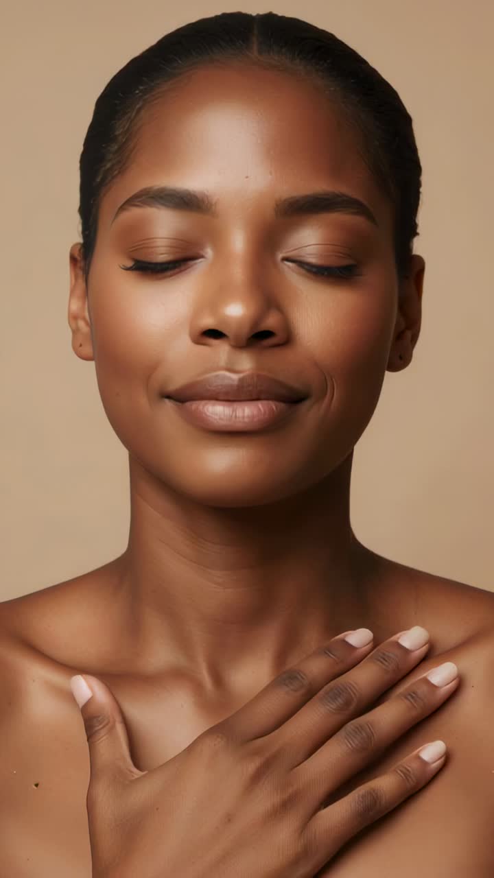 Vídeo vertical: modelo ajustando a mão direita, sorrindo, sem alças em estúdio para retrato
