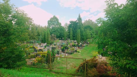 a serene russian orthodox graveyard nestled among lush green trees in the baltic region