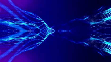 3d loop animation as science fiction background of glowing particles with depth of field and bokeh for vj loop. particles form line and surface grid. v15 blue