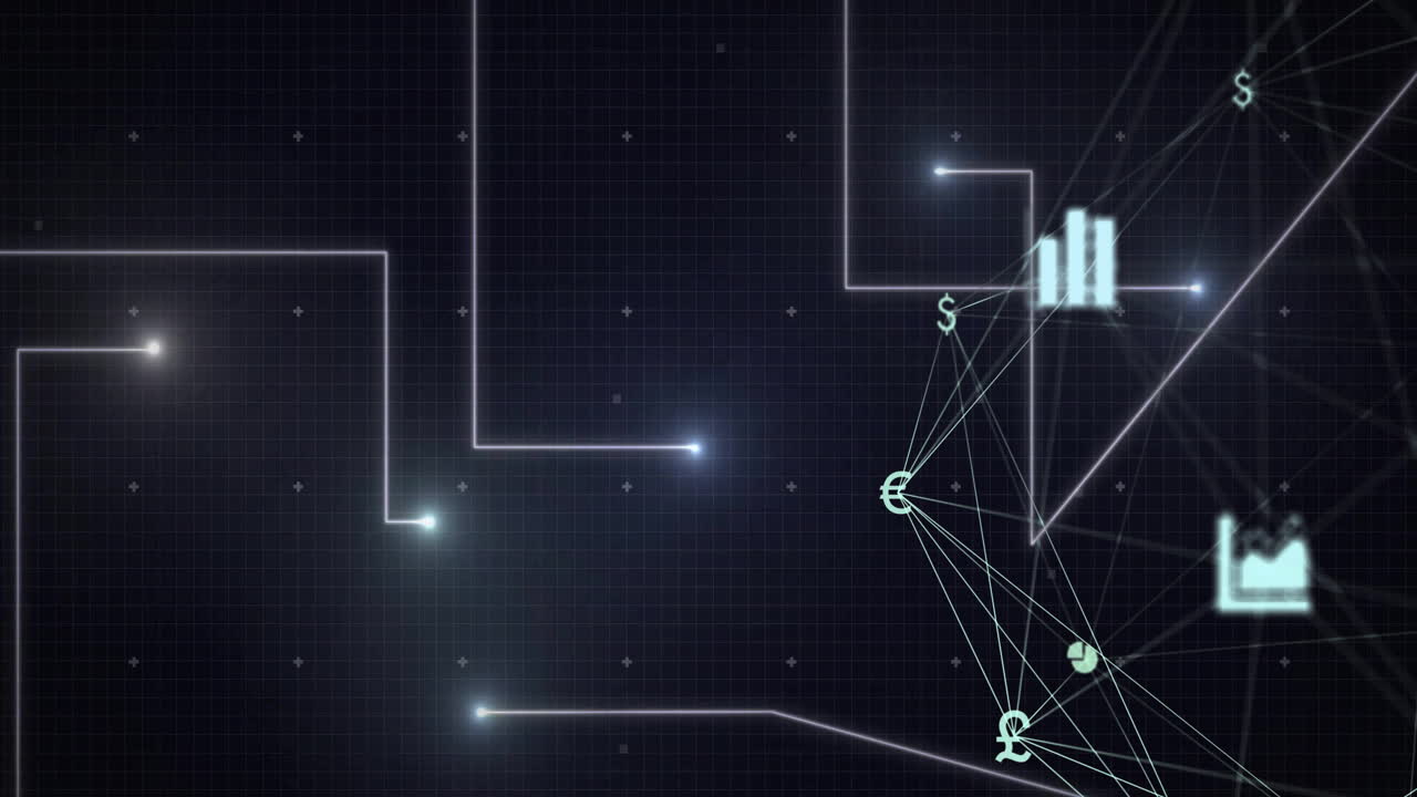 simboli di valuta e animazione di visualizzazione dei dati su sfondo di griglia scura