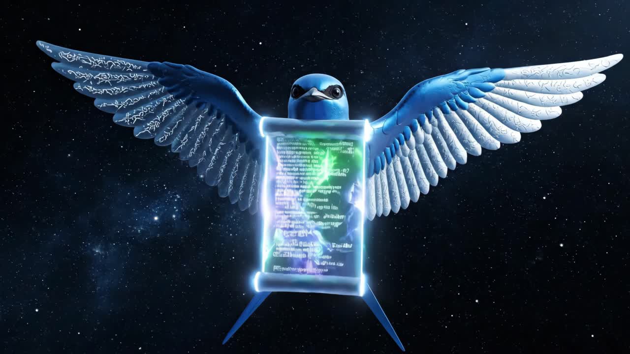 A blue bird with wings holding a scroll in space