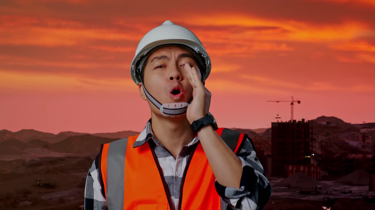 안전 헬을 입은 아시아 남성 엔지니어가 건설 현장, 광산 기계에 서서 입 위에 손으로 소리를 지르고 있습니다.