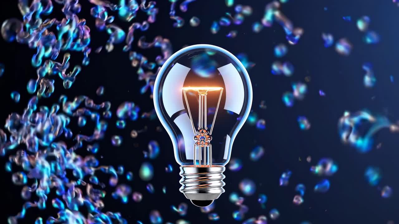 A close-up video concept of a glowing light bulb surrounded by abstract bubbles, captured from a low