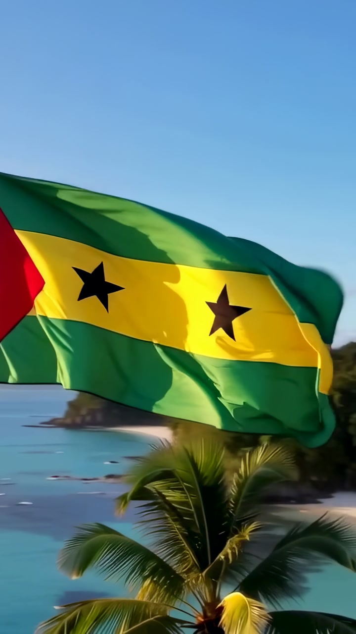 Sao Tome and Principe Flag Waving in Wind Over Tropical Beach