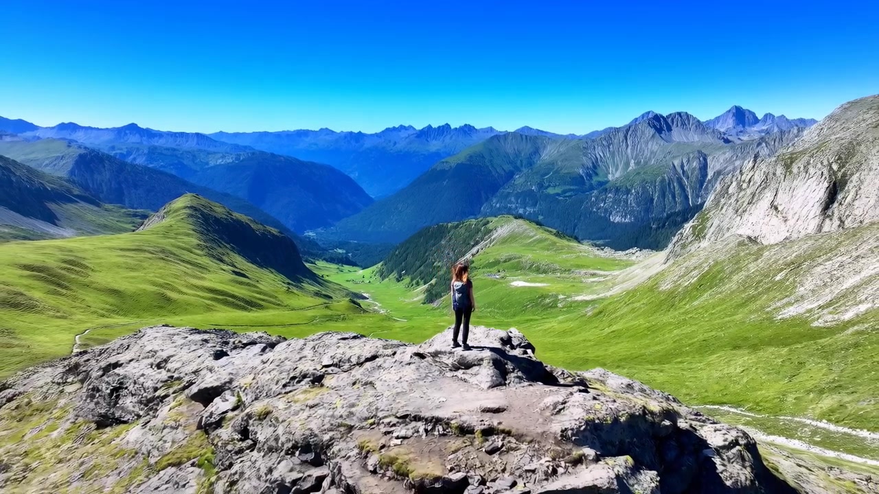 A lone hiker stands on sunlit textured rock in the foreground, wearing a light backpack and outdoor clothing, facing a sweeping alpine valley of green ridges