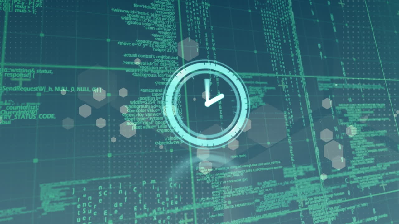 Animation of clock moving fast over data processing and glowing spots