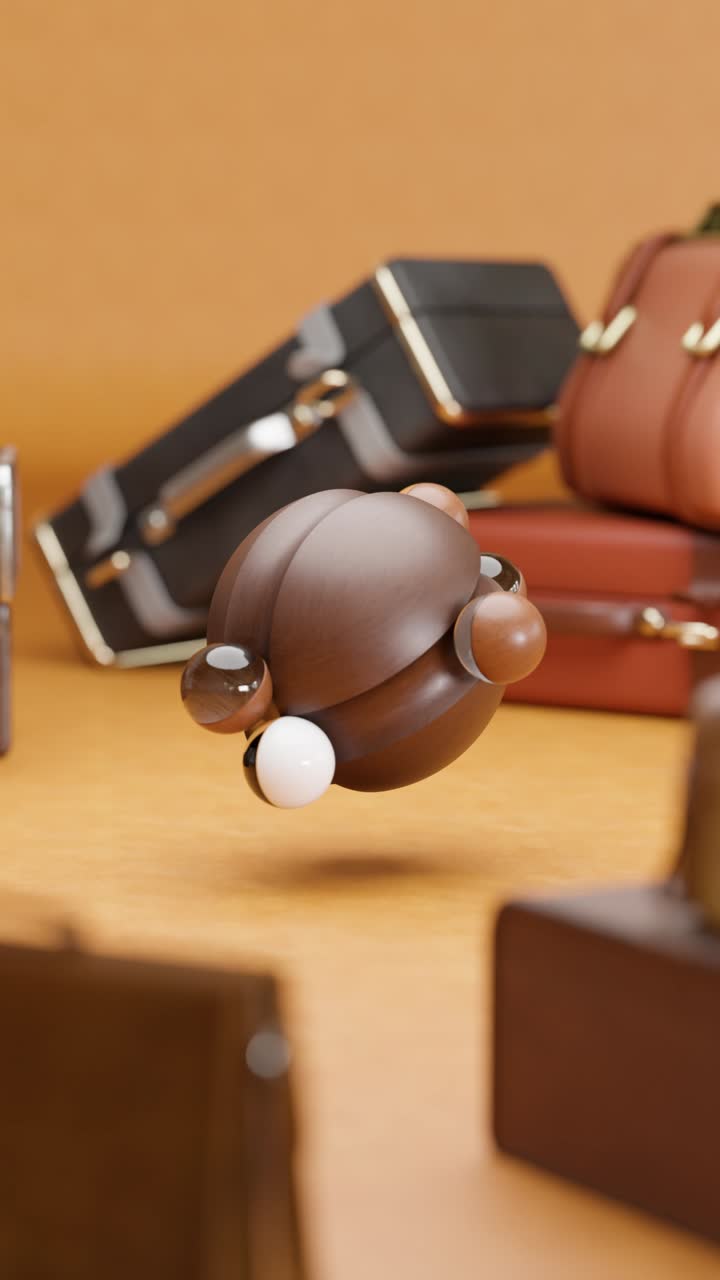 3D rendering of small marble balls rolling on wooden sphere in loop