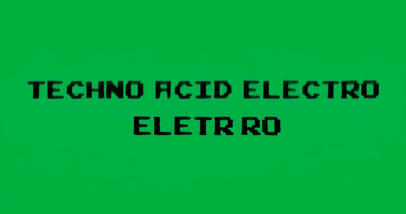 Looping text glitching and reassembling to showcase techno acid electro on transparent background