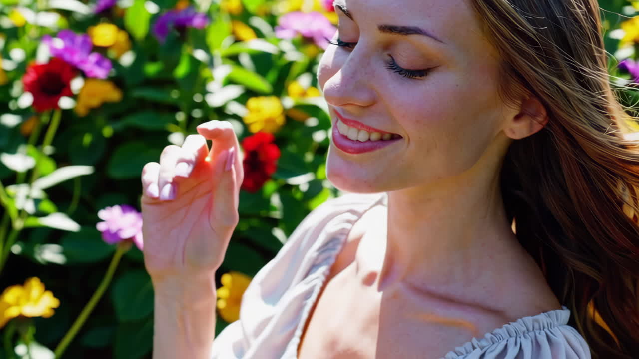 mujer disfrutando de las flores en un jardín