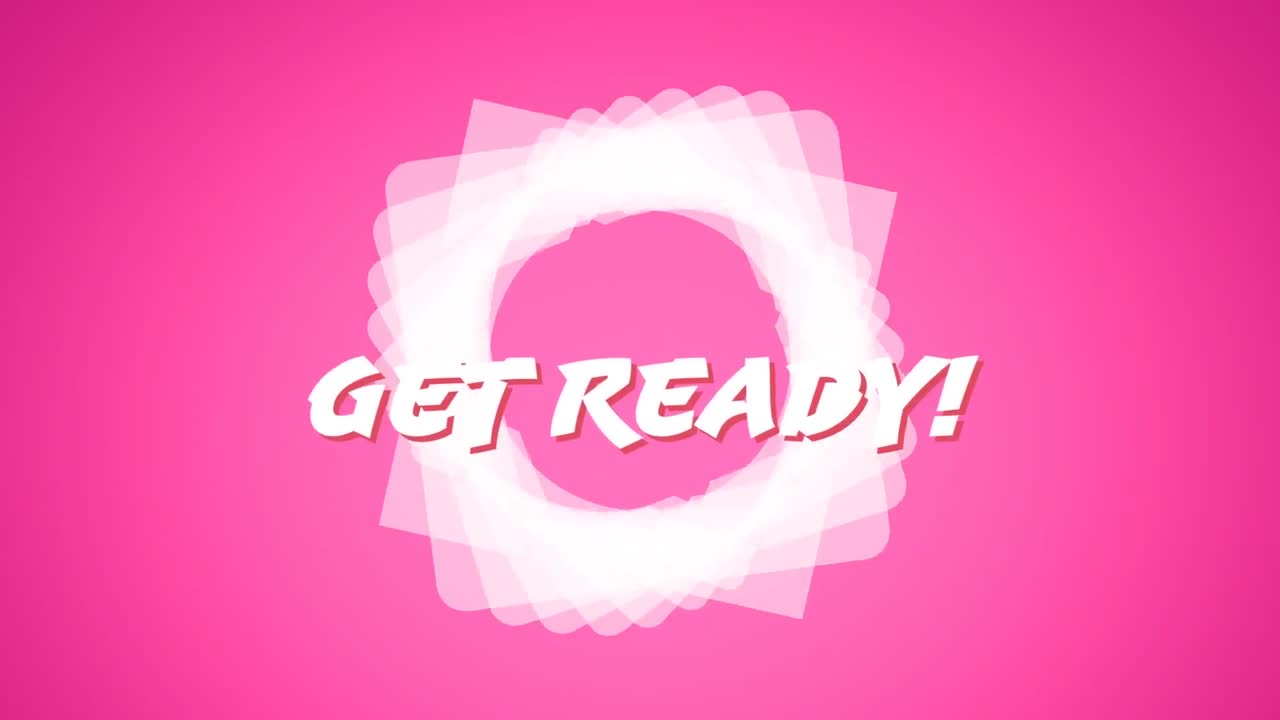 animación digital de texto listo sobre una forma circular abstracta girando contra un fondo rosa