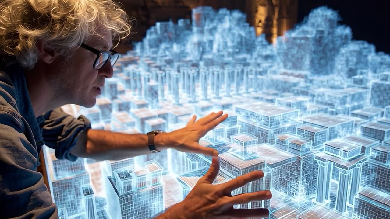 Artist interacts with a digital cityscape at an exhibition event