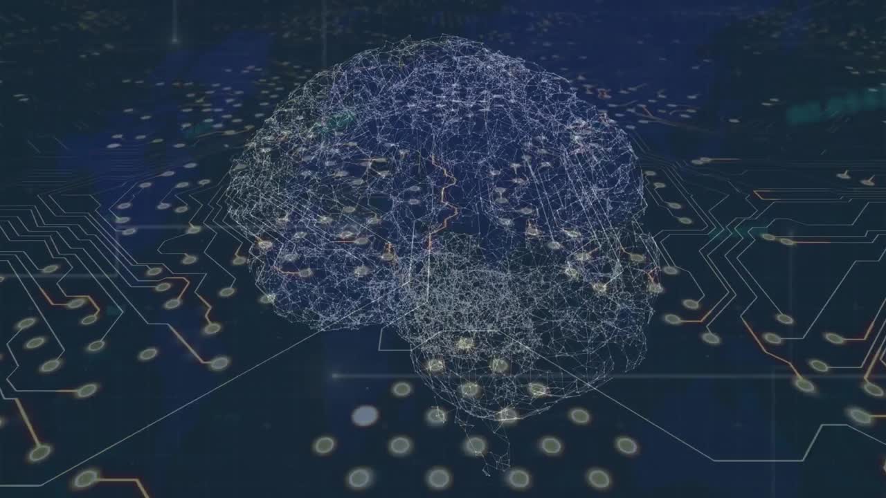 Animation of digital brain over computer circuit board on black background