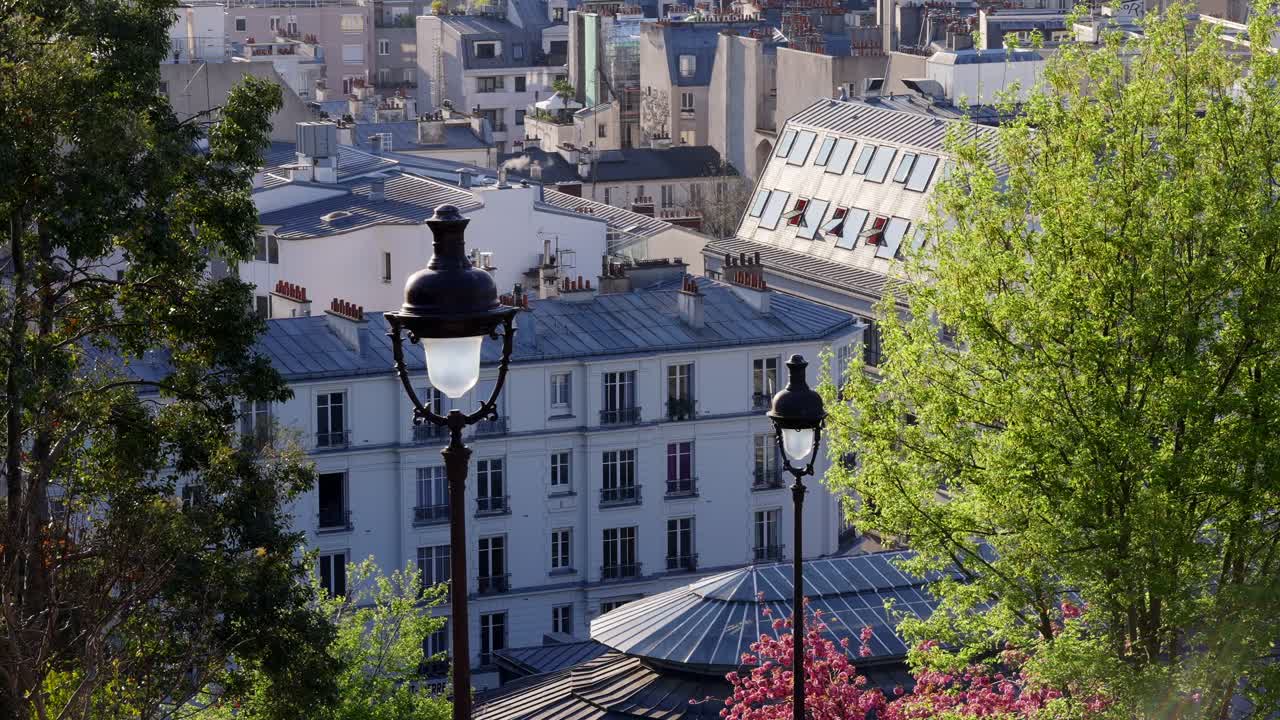 Beautiful and cinematic romantic view of Montmartre buildings in Paris with street lights and smoky chimneys framed between green trees during summer daylight.