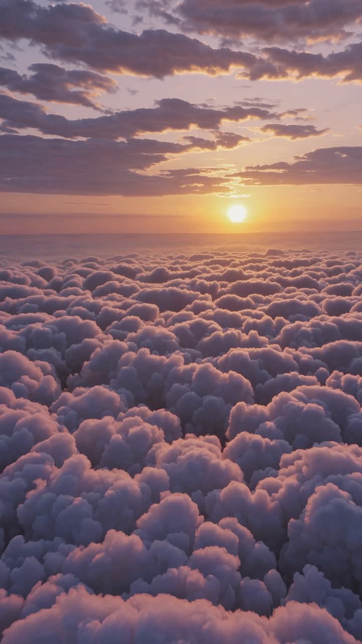 Aerial video captures a serene sunset over fluffy clouds, with warm hues and a wide-angle view