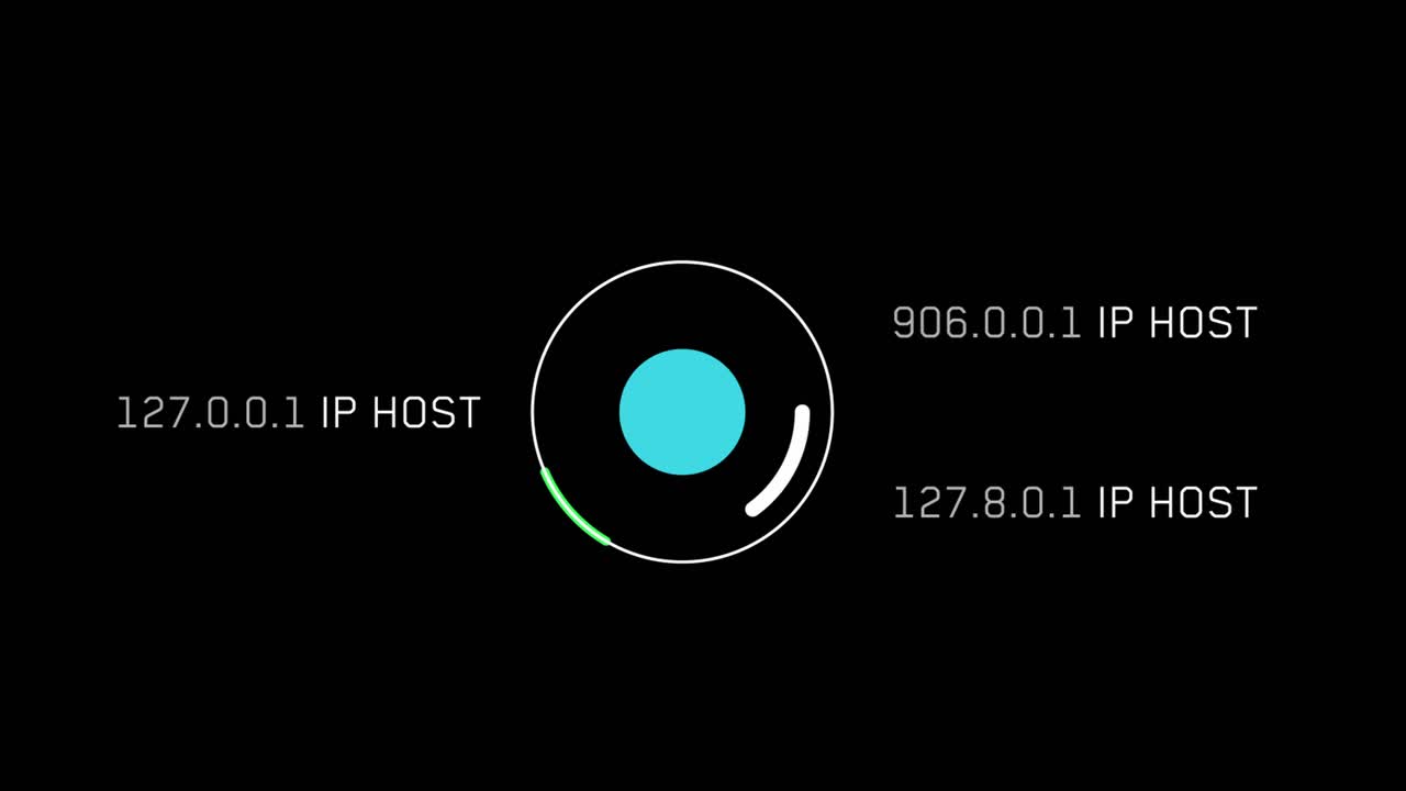 Animated sci-fi interface with a central circular scanner and changing IP HOST data readouts. HUD overlay for network, hacking, or technology concepts