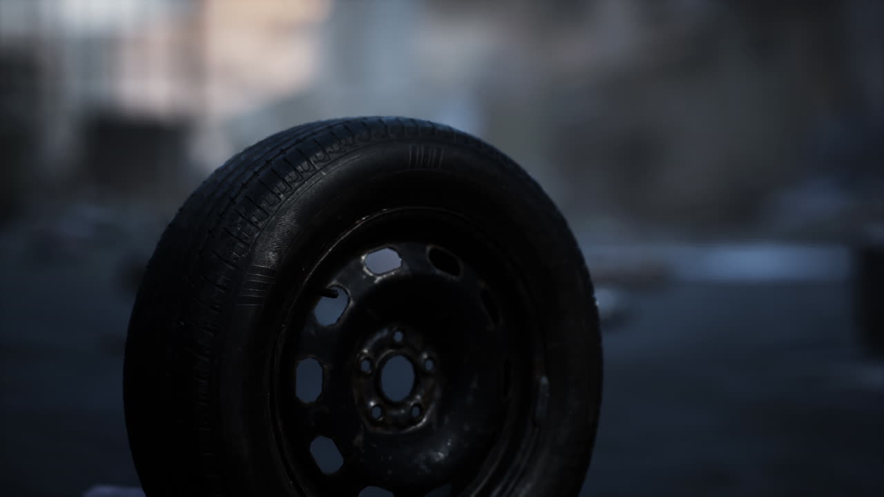 Abandoned tire in a desolate urban setting at dusk