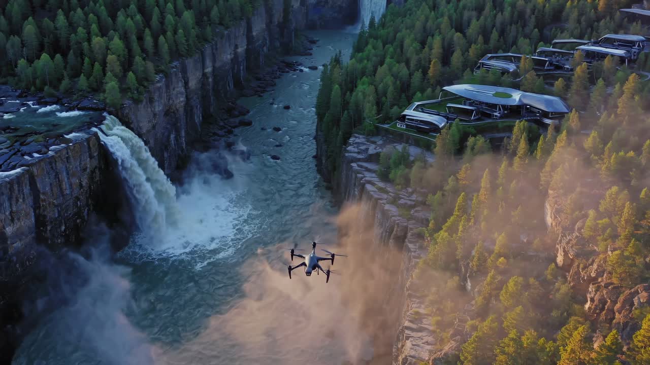 Drone View of Waterfall and Modern Architecture