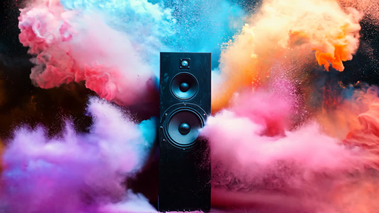 A speaker is surrounded by colorful smoke, creating a vibrant and energetic atmosphere. The speaker is positioned in the center of the image, drawing attention to its presence