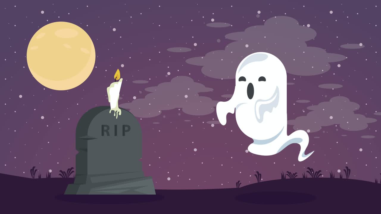 happy halloween animation with ghost and gravestone