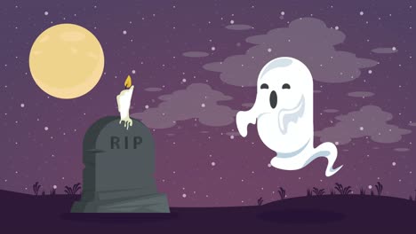 feliz animación de halloween con fantasma y lápida