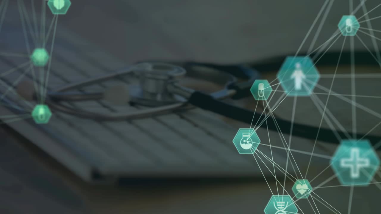 animación de redes de conexiones que giran sobre el estetoscopio en el teclado de la computadora