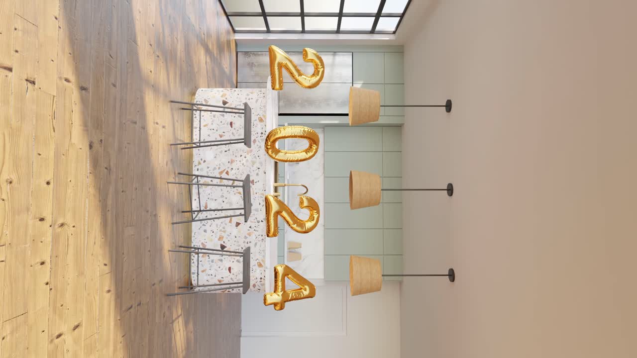 cocina elegante celebrando el 2024 globo dorado vertical