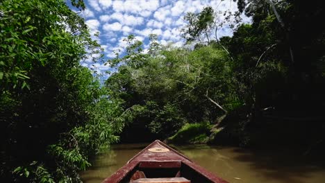 barco moviéndose lentamente a través de un estrecho canal en amazon