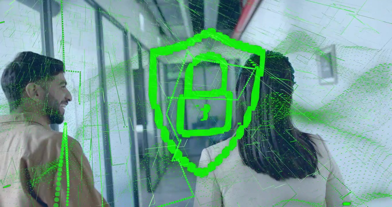 coworkers walking down office hallway activating green shield animation showing data security