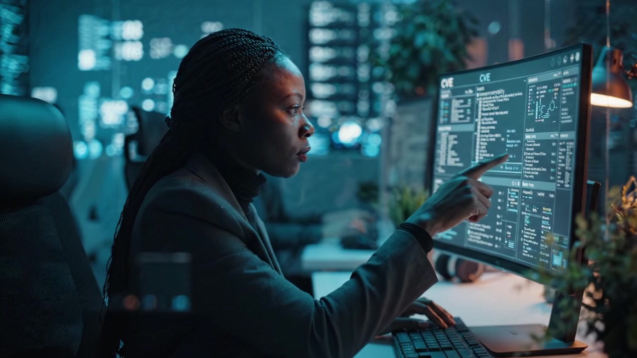 Focused Professional Analyzing Data on Computer Screen in Modern Office Environment with Glowing Technology and Screens Displaying Financial Information