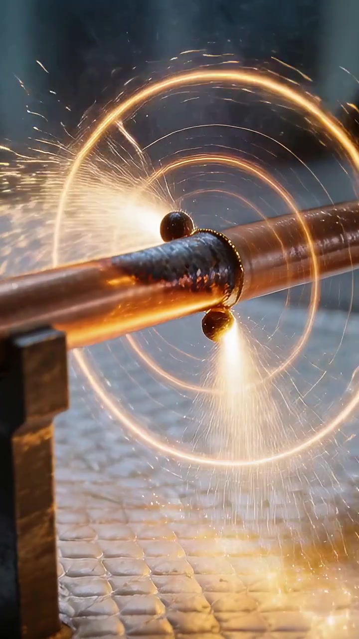 Vertical video: Rotating copper rod abrading, spraying sparks onto mat with beads for finishing