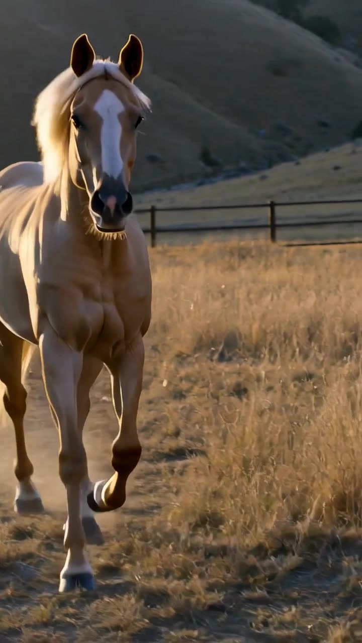 Video verticale: Cavallo palomino al galoppo che si dirige verso la telecamera su una pista di ranch, sollevando polvere vicino a una recinzione.