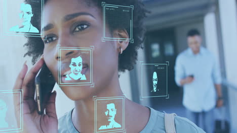 animation of digital profile scans over african american woman with coffee talking on smartphone