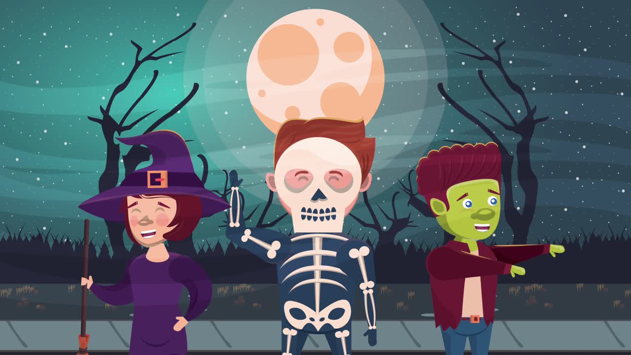 happy halloween animated scene with witch and skeleton and frankstein