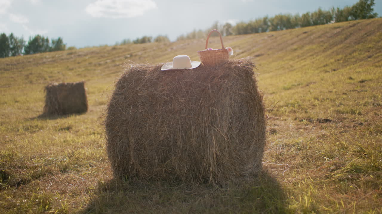 sombrero de sol y canasta de picnic tejida con tela descansada en una bala de heno en vastas tierras de cultivo bajo la luz del sol dorado, una escena rural tranquila evoca simplicidad, estilo de vida rural y ocio pacífico al aire libre