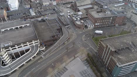 Corona-COVID-virus-lock-down-aerial-overhead-downtown-empty-city-birds-eye-pull-back