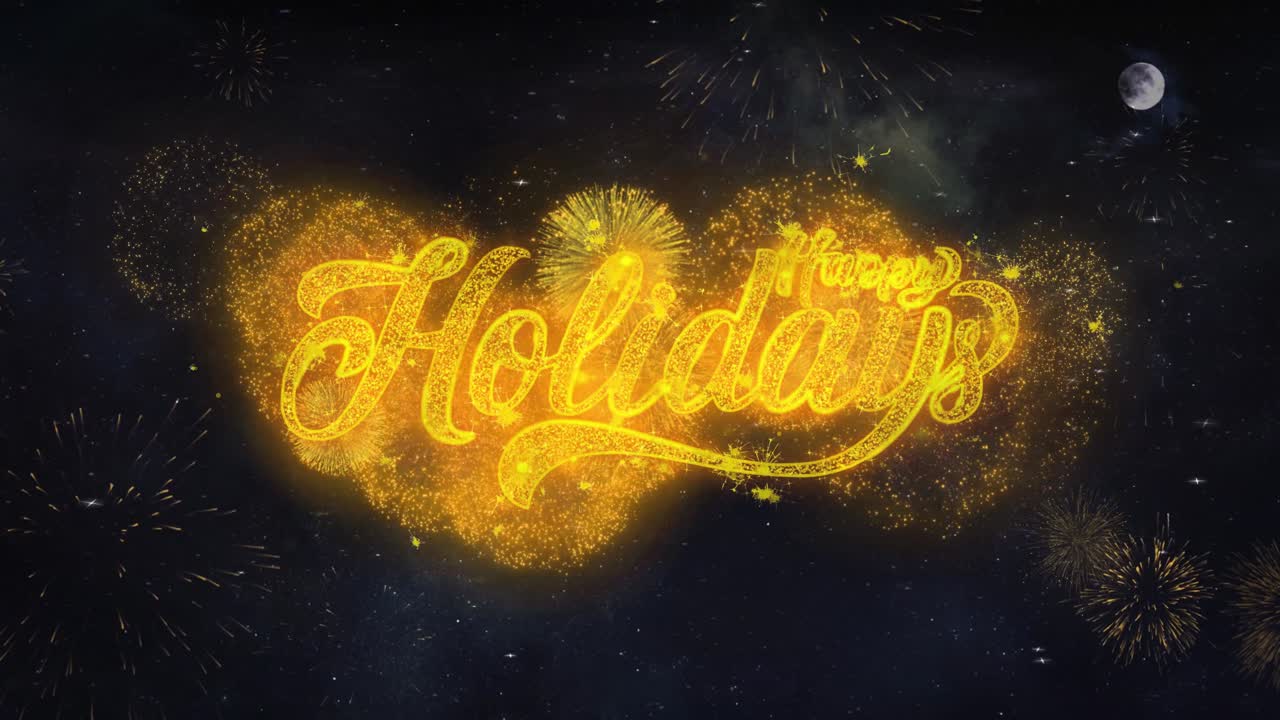 Rivelazione tipografica del testo "Buone Feste" da particelle di fuochi d'artificio dorati nel cielo notturno 4K