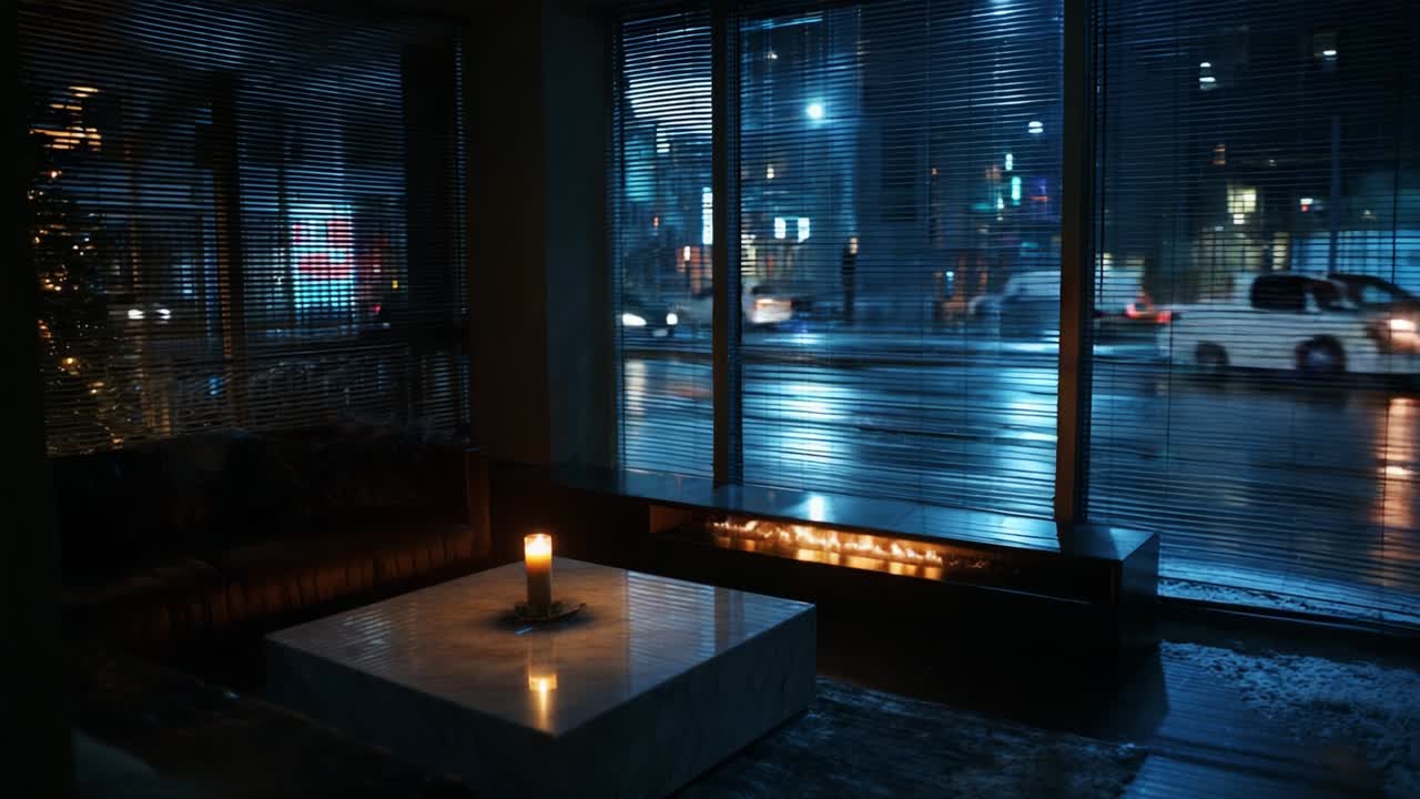 A Cozy and Serene Nighttime Scene with Flickering Candlelight Inside a Modern Lounge, Offering a Stunning View of Raindrops on a Window as Cars Pass by Outside in the Urban Landscape