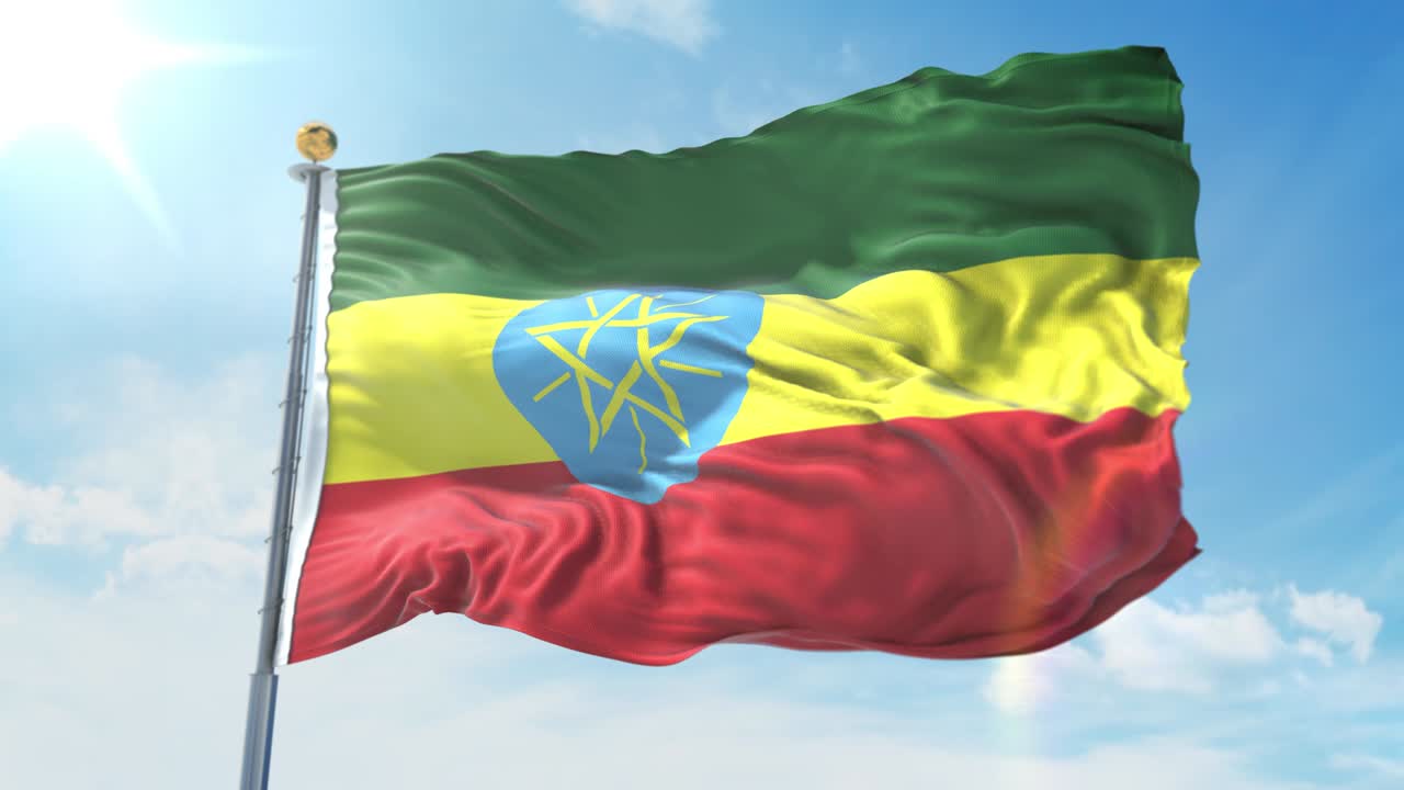 Bandiera dell'Etiopia che sventola al vento contro un cielo blu intenso. Tema nazionale, concetto internazionale. Render 3D, loop senza interruzioni 4K.