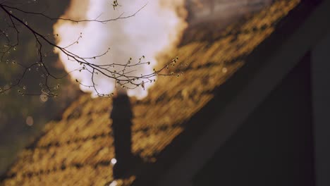 white smoke rises from a chimney on the roof of the house