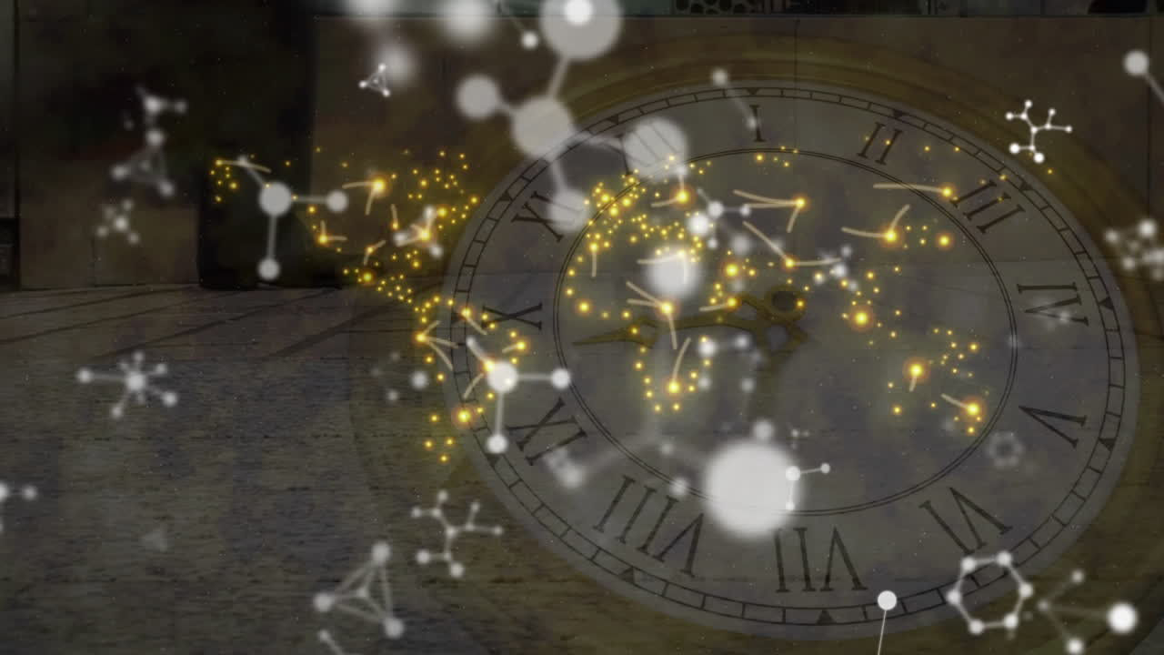 분자와 세계 지도의 애니메이션 시계와 거리에서  ⁇ 는 사람들