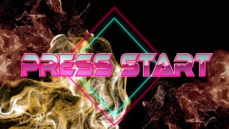 Animation-of-press-start-text-banner-over-golden-and-red-glowing-digital-waves-on-black-background