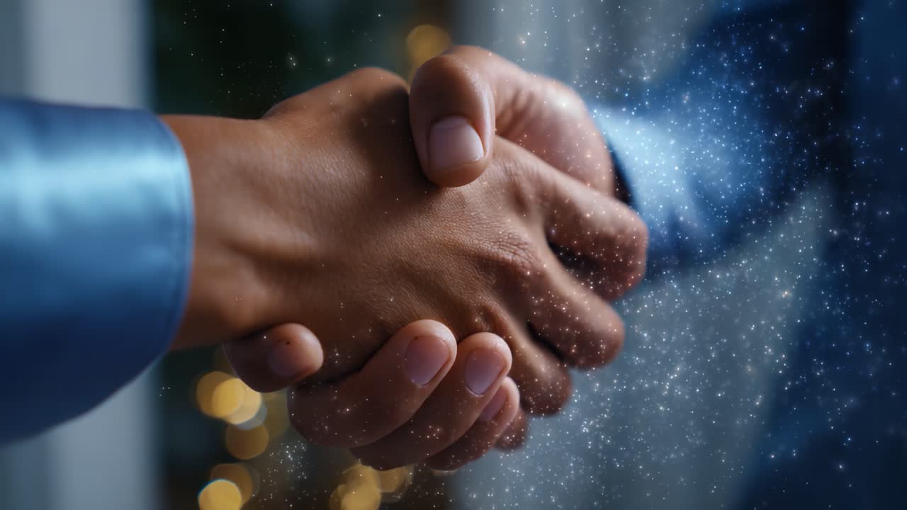 A Firm Handshake Symbolizing Trust, Collaboration, and Mutual Understanding Between Individuals in a Positive and Professional Setting with a Magical Touch
