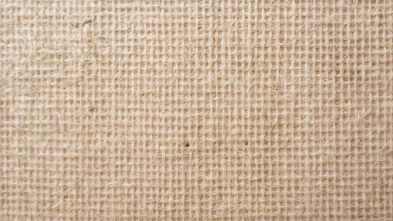 Moving camera capturing closeup burlap fabric on surface shifting focus to reveal yarns and lint