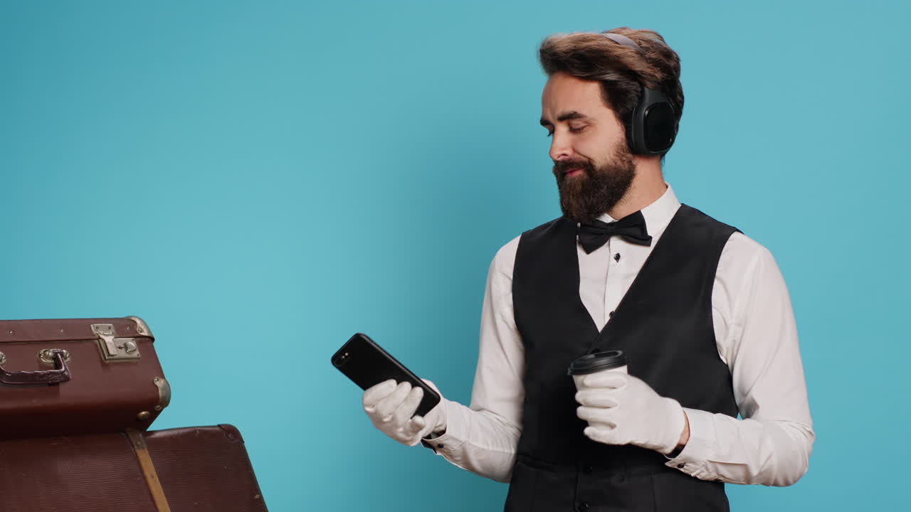 Doorman texting messages drinking coffee